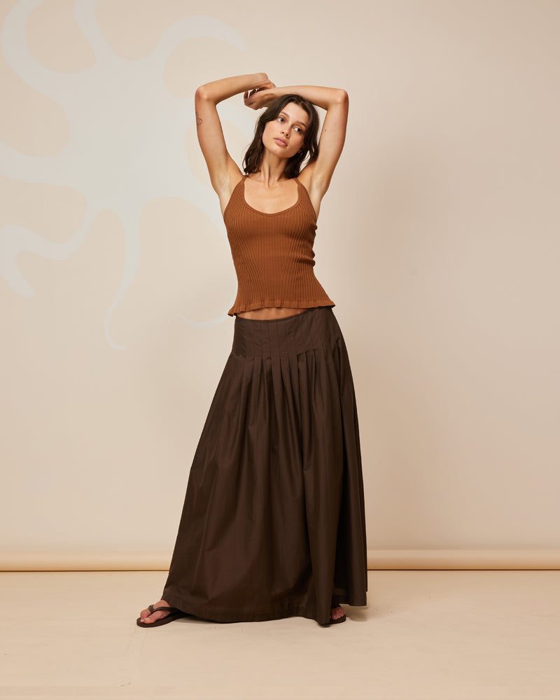 SANDLER SKIRT CHOCOLATE | Tennis style maxi skirt with a pleated drop waist. Designed in a soft, chocolate cotton voile, this skirt is floaty when you walk and is cool to wear.
