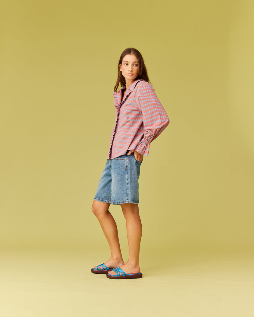 SANDLER RUFFLE SHIRT FIREWHIRL BLUE STRIPE | RUBY