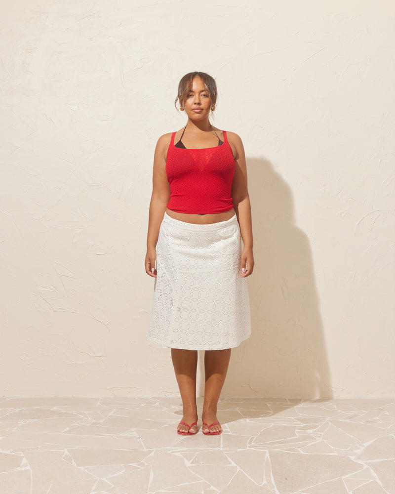 BEAU TANK CHERRY | Scoop neck tank with a lattice knit, in a cherry red colour. An elevated take on a classic staple tank. Sets Deal: Buy any two Beau Tanks for $250. Discount...