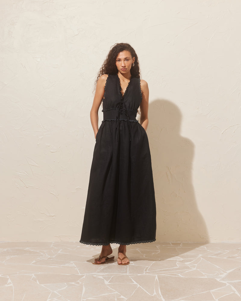 BENNY TIE DRESS BLACK | An update on a Rubette favourite, this maxi dress is imagined in a soft linen with lace trim detailing. Features a panel detail at the waist with two ties and...