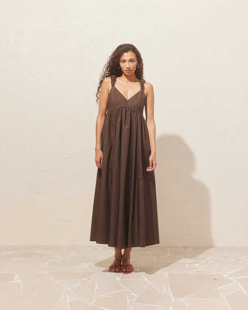 MARNIE MAXI DRESS JAVA | Babydoll maxi dress designed in a java coloured cotton. This dress features 'puff' ruched straps and bust detailing that falls to an A-line gathered mini skirt.