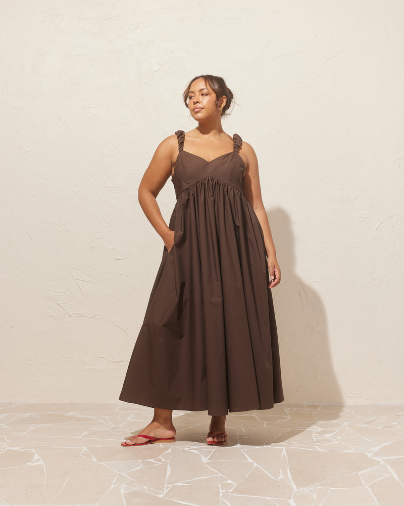 MARNIE MAXI DRESS JAVA | Babydoll maxi dress designed in a java coloured cotton. This dress features 'puff' ruched straps and bust detailing that falls to an A-line gathered mini skirt.