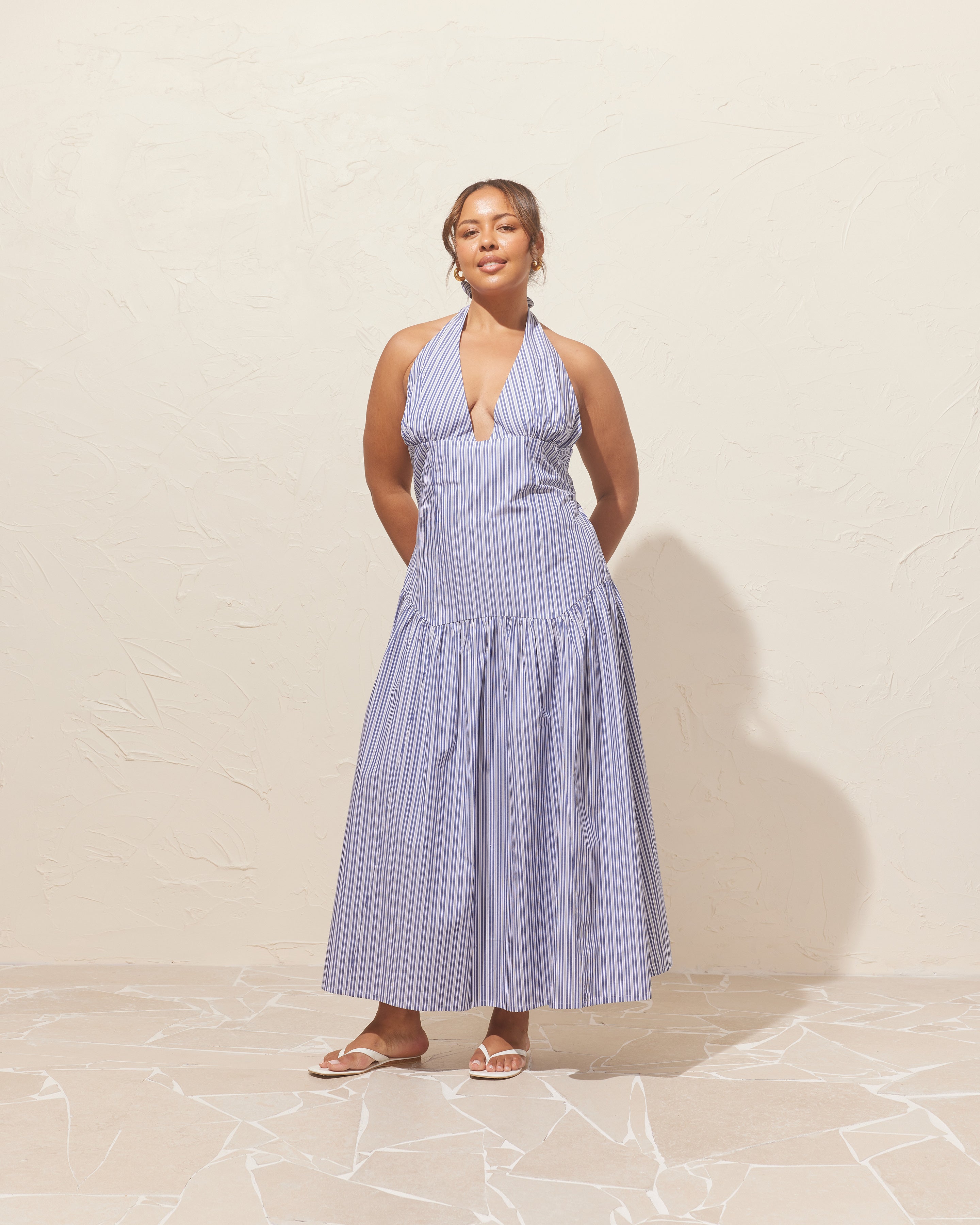 RELAXE HALTER DRESS NAVY STRIPE | RUBY