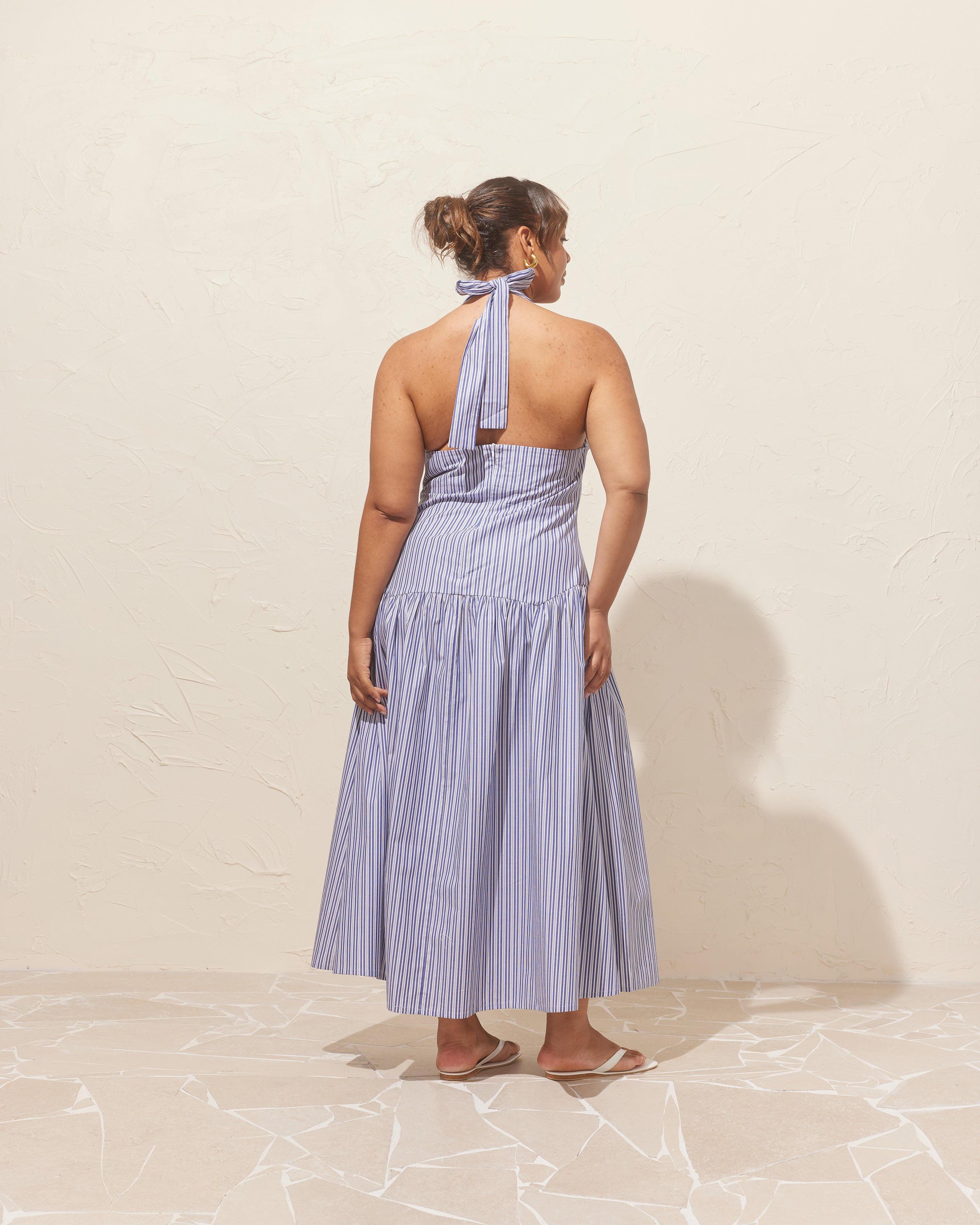 RELAXE HALTER DRESS NAVY STRIPE | RUBY
