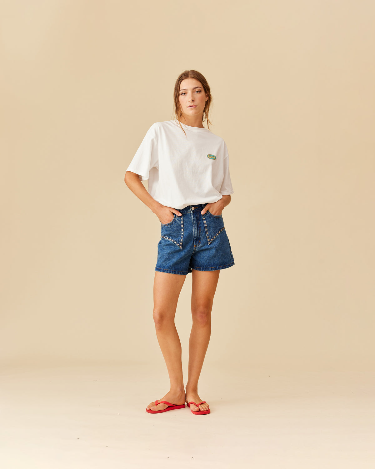 Denim Ruby CLOVER STUDDED DENIM SHORT INDIGO | RUBY