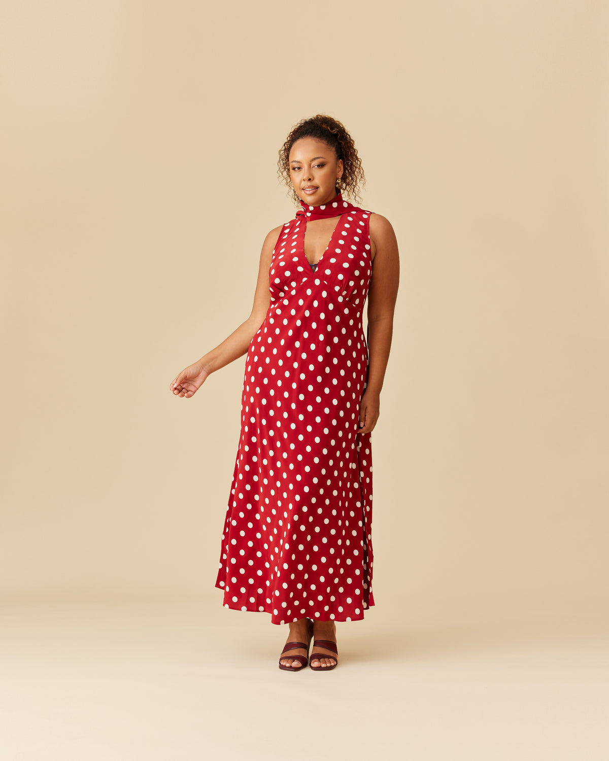 red polka dot maxi dress GLORIA SLEEVELESS MAXI DRESS GARNET POLKA DOT