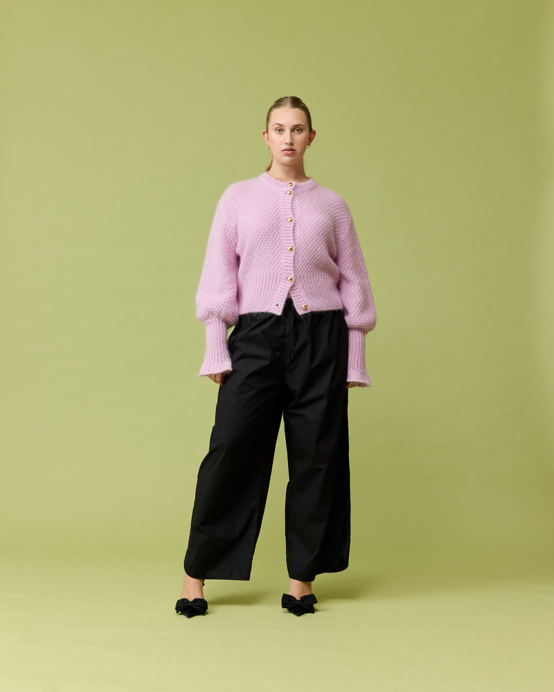 MATILDA CARDIGAN PINK | Button-down cardigan with gold metallic dome buttons and a slightly puff-shouldered silhouette. Features an exaggerated flute cuff crafted in a chunky mohair and wool blend.