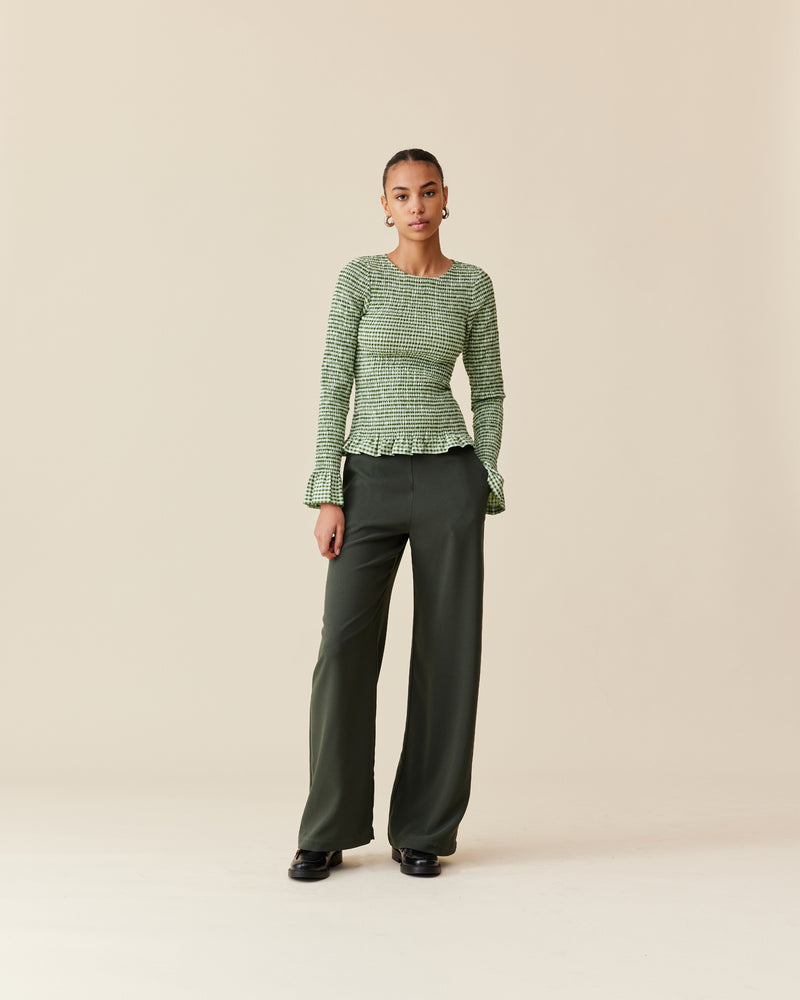 FIREBIRD PANT PETITE GREEN GABLE | Classic highwaisted pant with a straight leg silhouette in a green gable colourway. An effortless and versatile piece perfect for work and beyond.