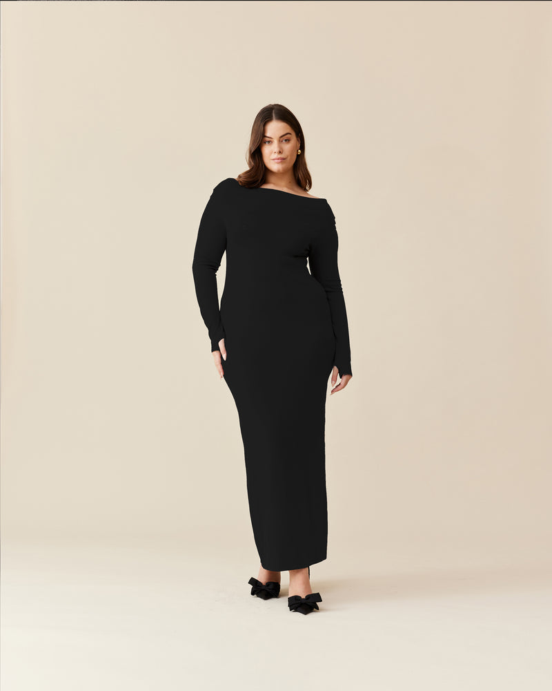 EMMA KNIT LONG SLEEVE DRESS BLACK | Long sleeve midi dress crafted in a mid-weight knit. This dress is simple yet elegant and can be worn on or off the shoulder.
