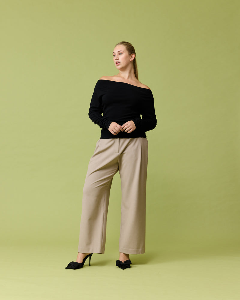 MILLA SUIT PANT OAT | Straight leg mid-waist suit trouser with a flat waistband with a feature button at the waistband. These pants are a wardrobe staple