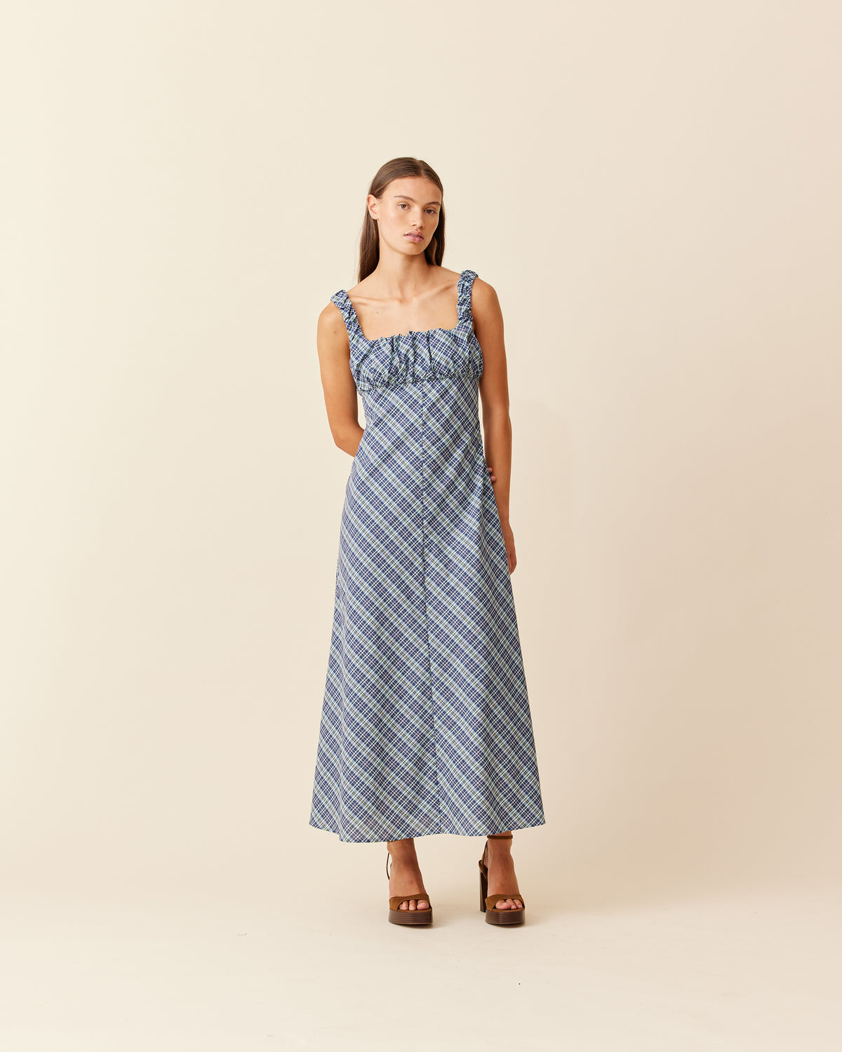mickey striped long dress MICKEY MAXI DRESS NAVY YELLOW TARTAN