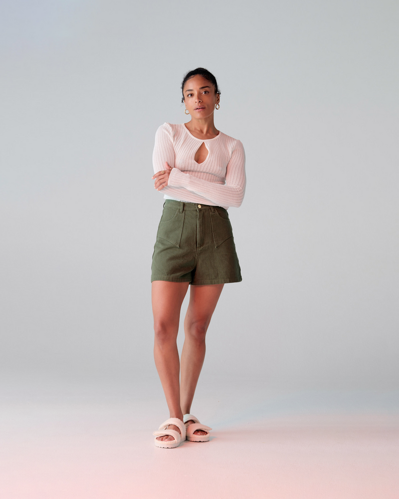 CLOVER DENIM SHORT KHAKI | Our classic highwaisted denim short in khaki, made in a soft washed denim, ready for easy strides and warm weather. It isn't Rubette summer without the Clover Short.