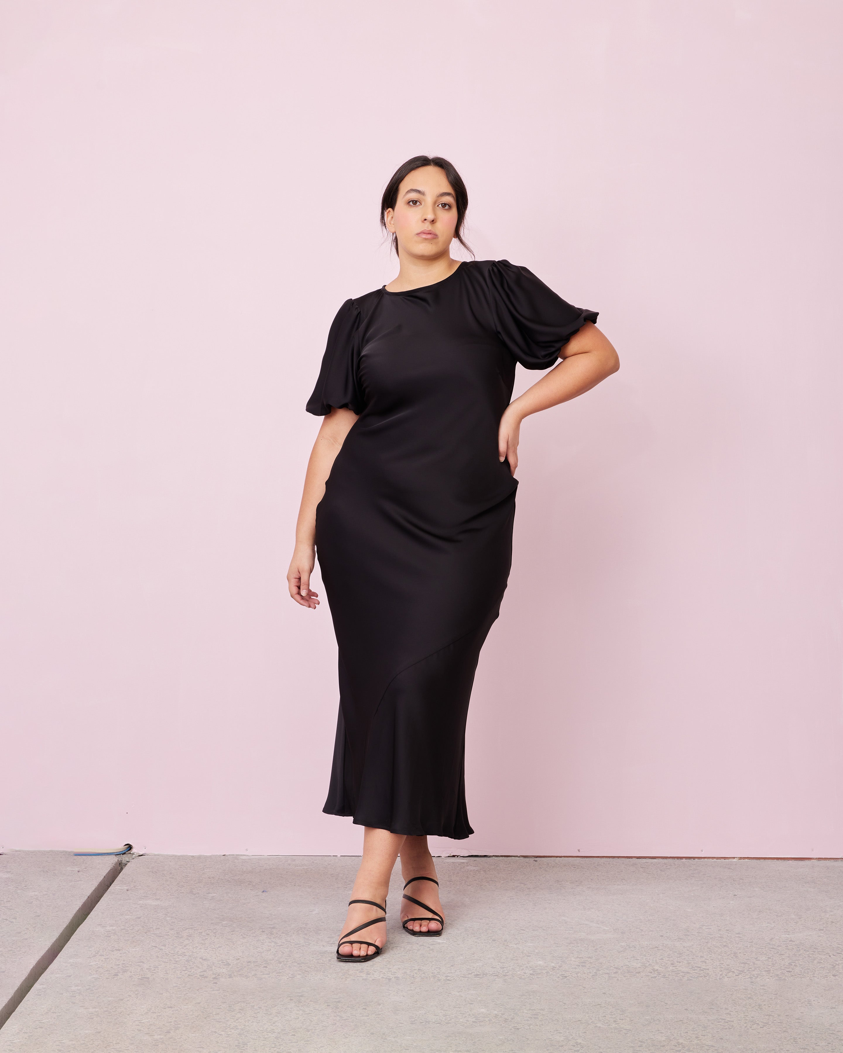 Black satin clearance dress with sleeves