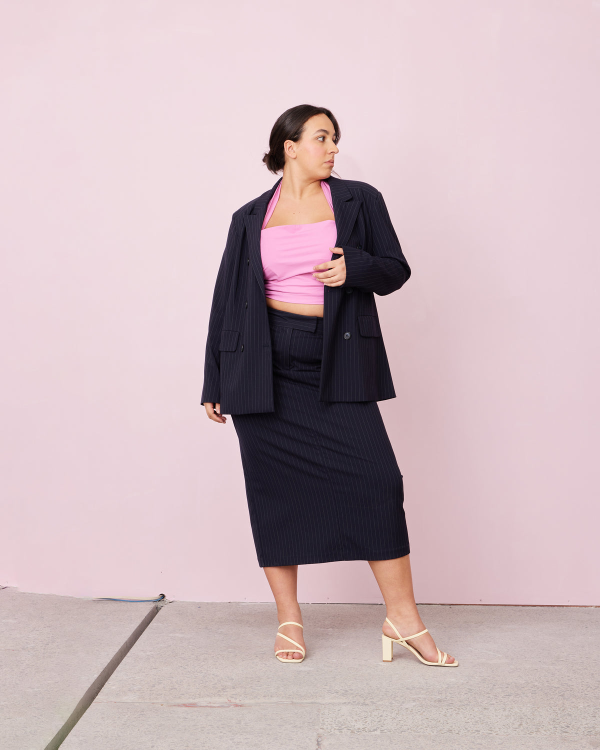 RUE PENCIL SKIRT NAVY PINSTRIPE | RUBY