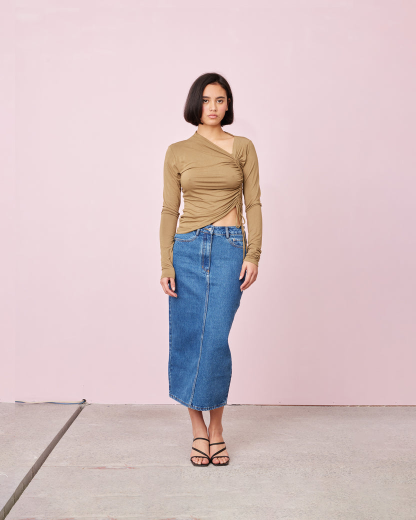 Remi Simply Taupe Denim Midi Skirt