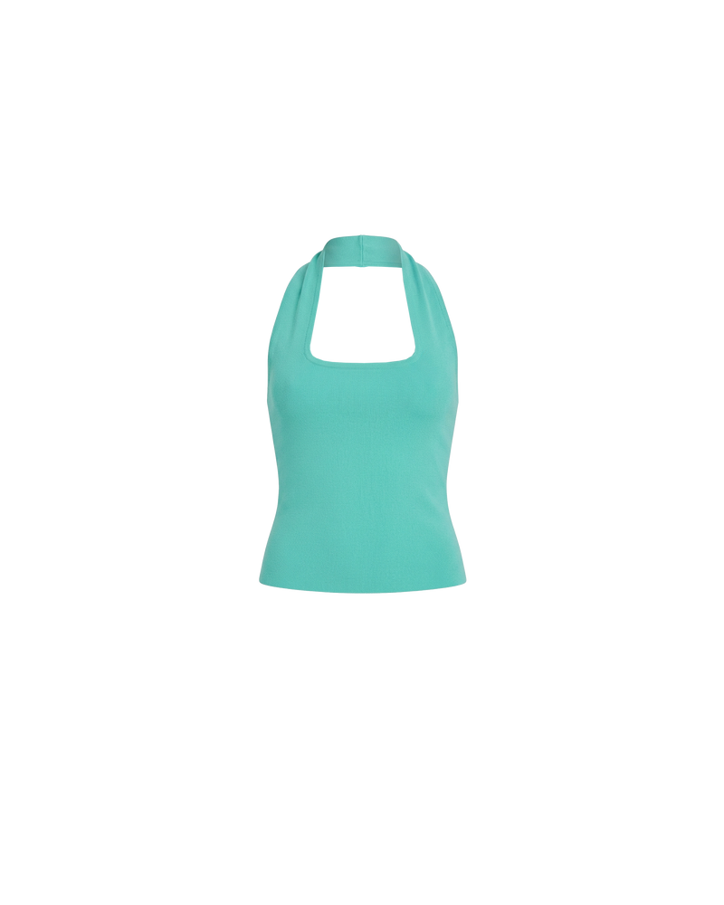 RUDI TANK AQUA | A twist on the classic halter tank with an oversized strap designed to sit gathered around the neckline, crafted in a mid-weight aqua knit. This tank is designed to be worn tight and hold you in when worn. Pair with...