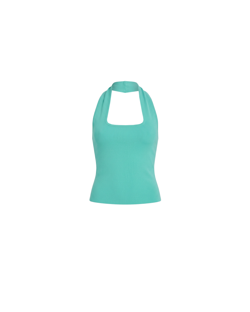 RUDI TANK AQUA | A twist on the classic halter tank with an oversized strap designed to sit gathered around the neckline, crafted in a mid-weight aqua knit. This tank is designed to be worn tight and hold you in when worn. Pair with...