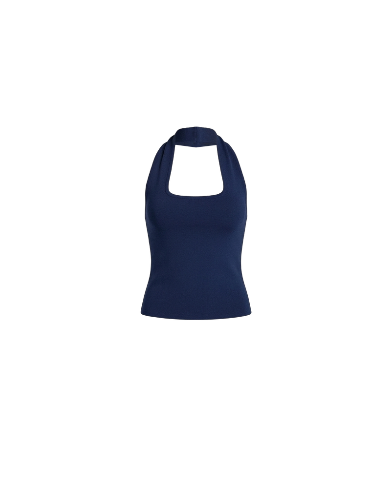 RUDI TANK NAVY | A twist on the classic halter tank with an oversized strap designed to sit gathered around the neckline, crafted in a mid-weight navy knit. This tank is designed to be worn tight and hold you in when worn. Pair with...