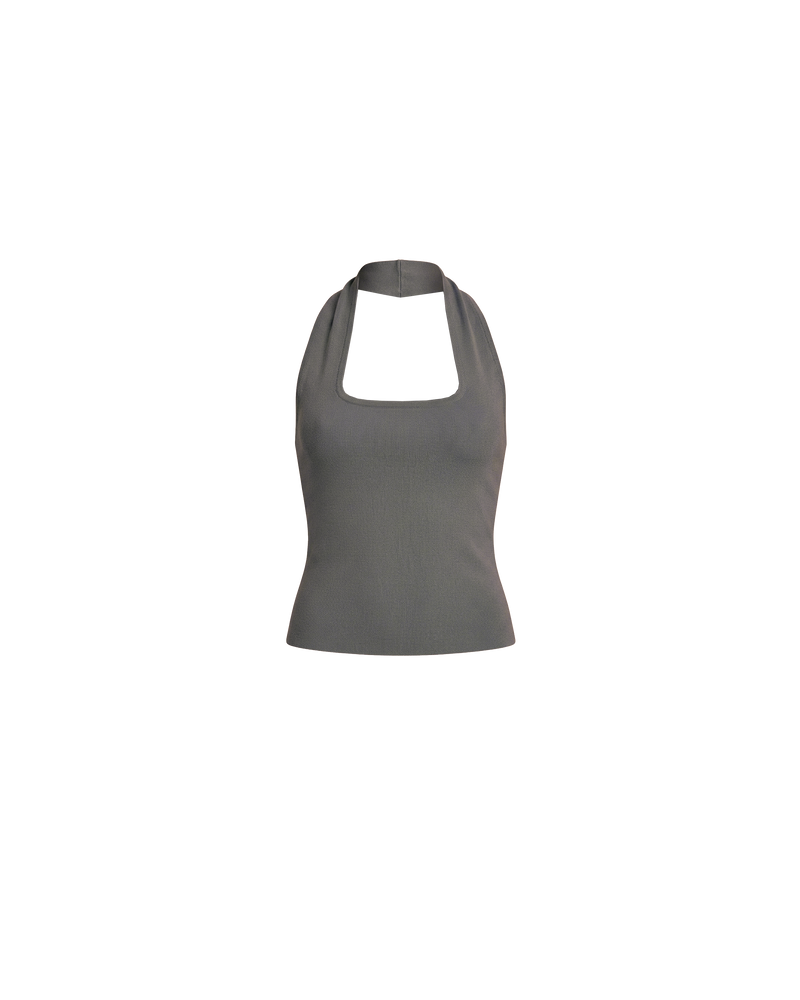 RUDI TANK STONE | A twist on the classic halter tank with an oversized strap designed to sit gathered around the neckline, crafted in a mid-weight stone knit. This tank is designed to be worn tight and hold you in when worn. Pair with...