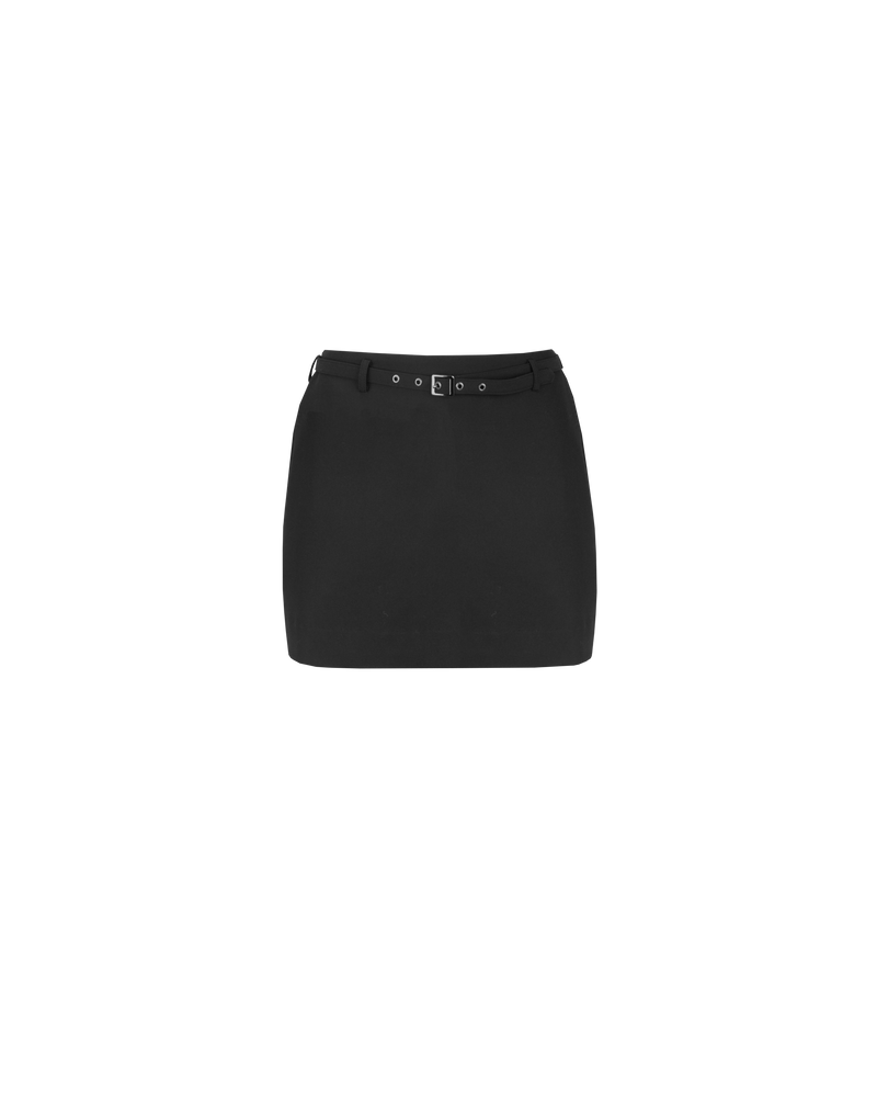 RUE BELTED MINI SKIRT BLACK | Suit style mini skirt with a detachable belt with eyelet detailing. This skirt is a simple wardrobe staple that you'll reach for again and again.