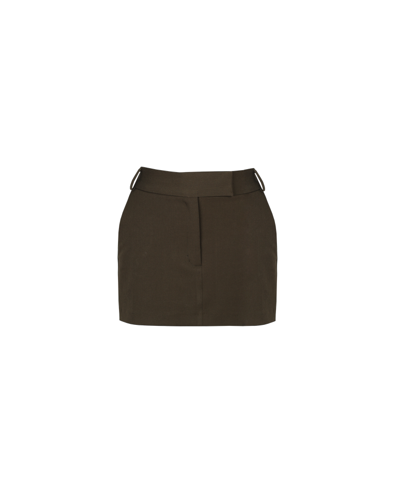 RUE MINISKIRT KHAKI | Suit style mini skirt designed in a mid-weight khaki fabric. Features a waistband with belt  loops and side 2 pockets to emphasise the suiting vibe.