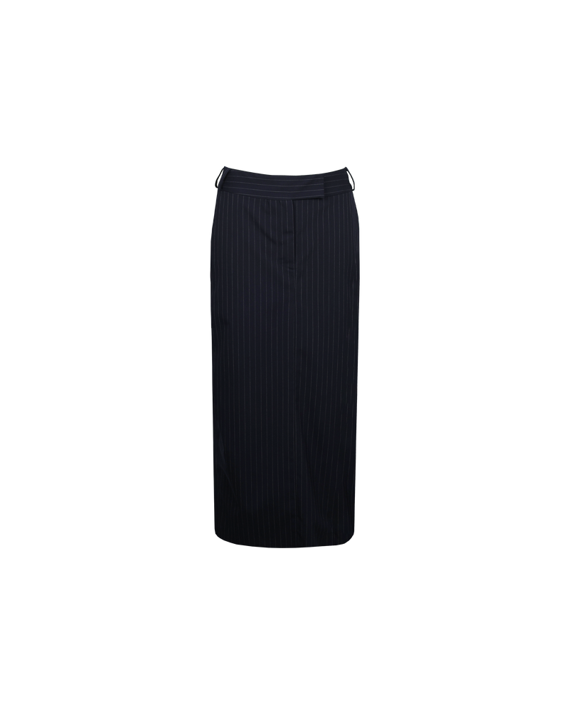 RUE PENCIL SKIRT NAVY PINSTRIPE | 
Straight cut midi skirt in a navy pinstripe fabric. A timeless staple that features a back split for movement and pockets to house your essentials.