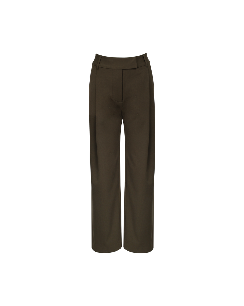 RUE TROUSER KHAKI | Straight leg mid-waist suit trouser with a flat waistband and belt loops. These pants are versatile in that they can we be worn casual with a baby tee, or formal...