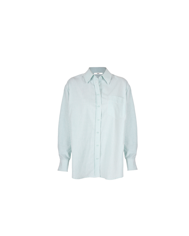ALLORA SHIRT GREEN | The Allora Shirt is an oversized crisp shirt with full-length sleeves. It features a classic stand collar with tonal button closure. The full-length sleeves have a functional placket with tonal...