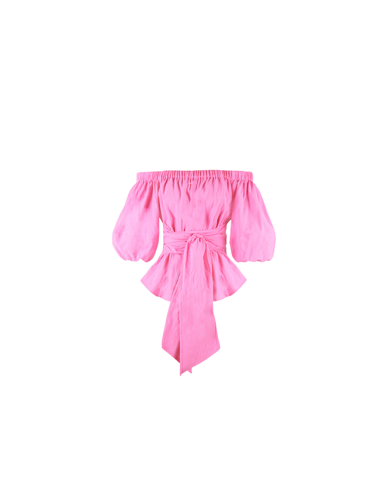 BLAKE TIE TOP PINK | The Blake Tie Top is an off the shoulder, relaxed top. It features 3/4 elasticated puff sleeves with a long, thick self-tie waist. This top can be tied at front...