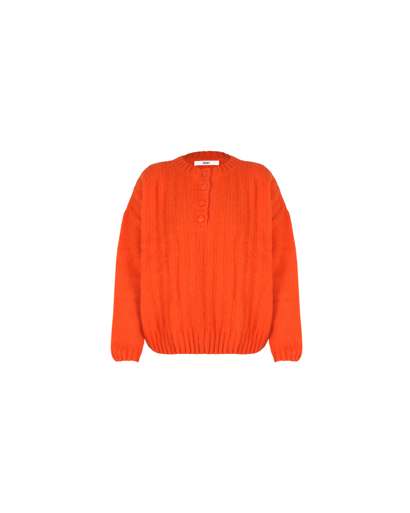 NELLIE SWEATER VERMILLION | The Nellie Sweater is a relaxed, fully fashioned knit sweater. It features a tonal, shell placket button closure with rib stitch detail throughout the body and sleeves.