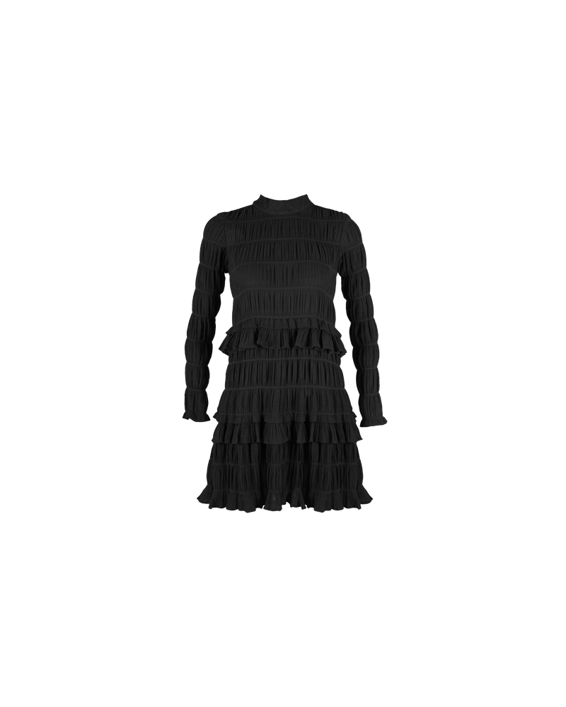 MIRELLA TIERED RUFFLE DRESS BLACK | Longsleeve minidress, an updated version of our much loved Mirella Minidress. This dress has a high neckline, keyhole button closure at the back neck and gathered detail along the tiered...