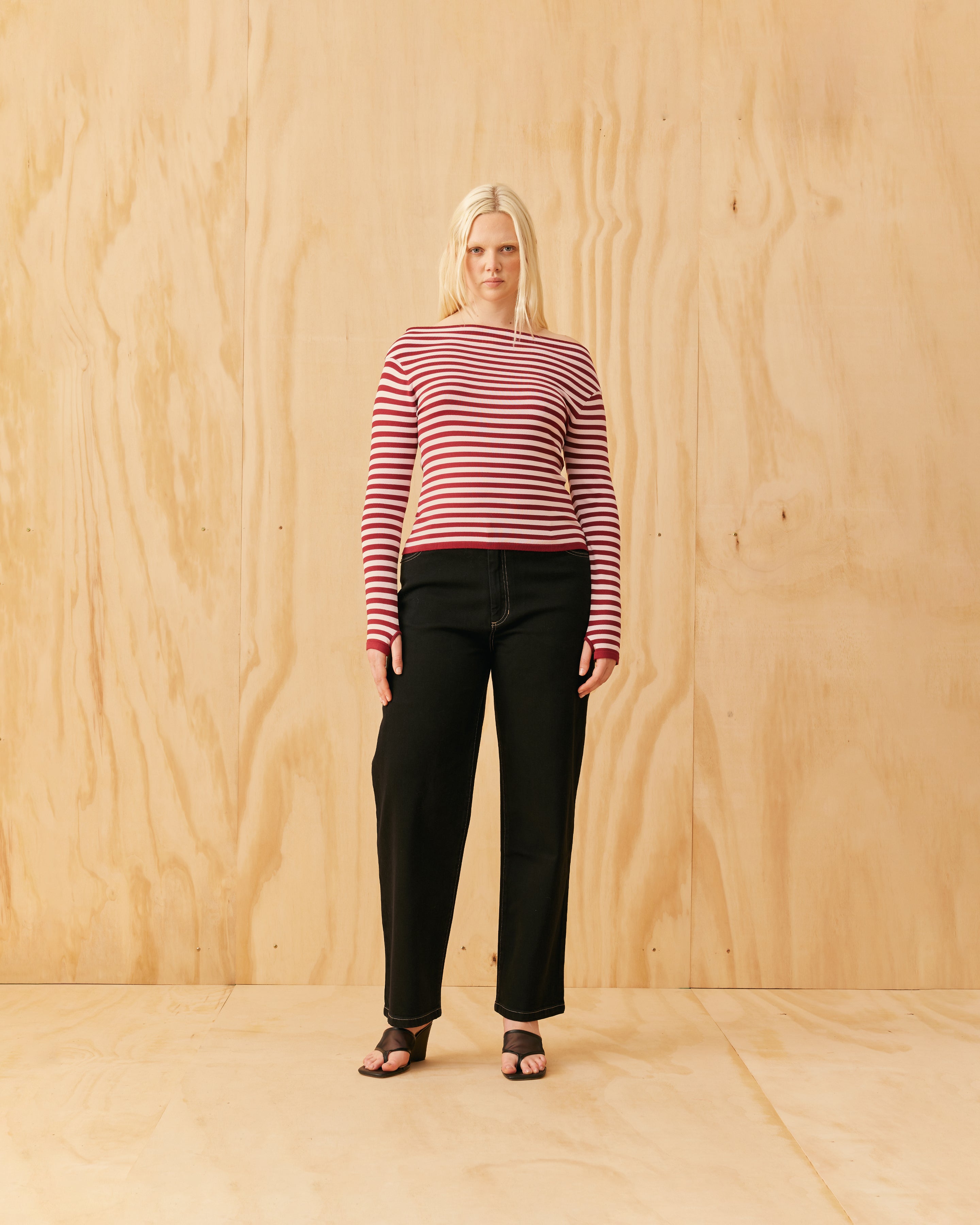 EMMA KNIT LONG SLEEVE BURGUNDY PINK STRIPE | RUBY