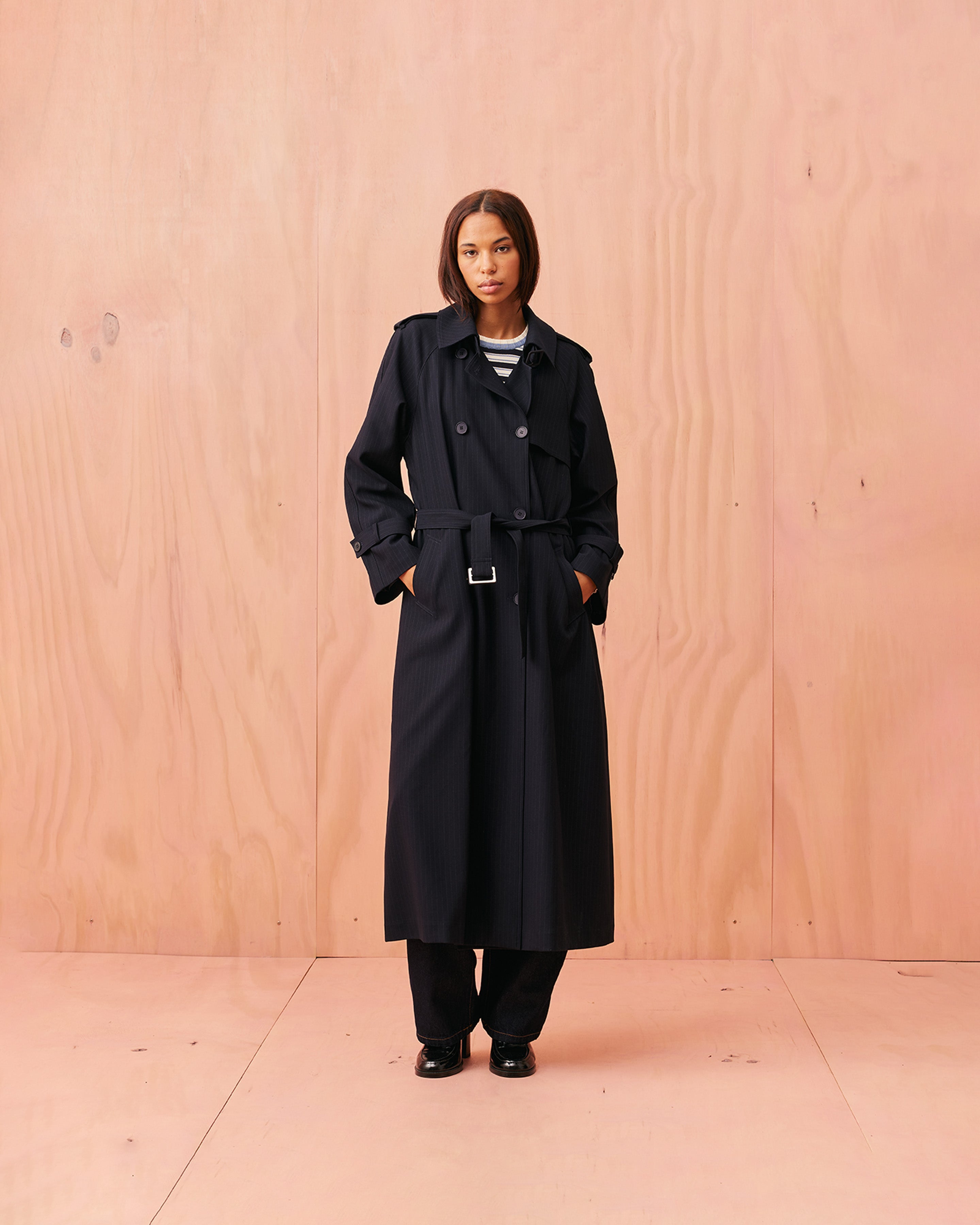 ANNIE TRENCH COAT NAVY PINSTRIPE | RUBY