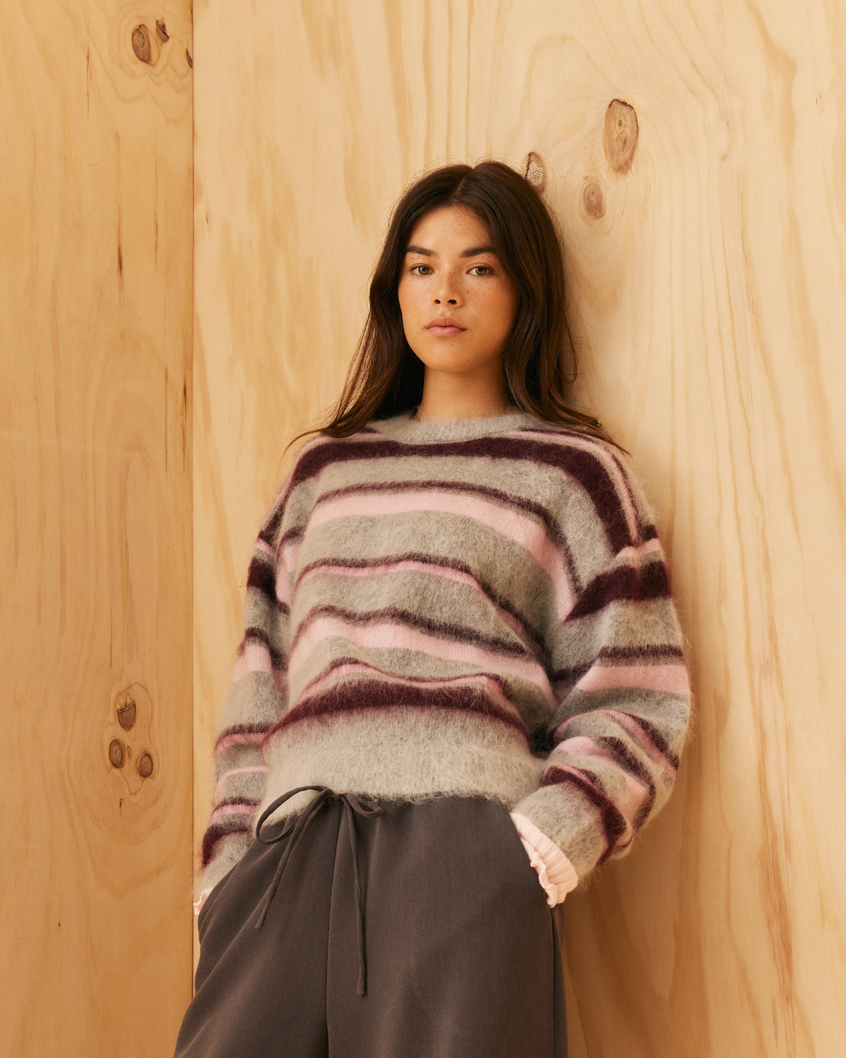 Marle Raspberry Coloured Sweater VELMA SWEATER GREY MARLE PINK STRIPE | RUBY