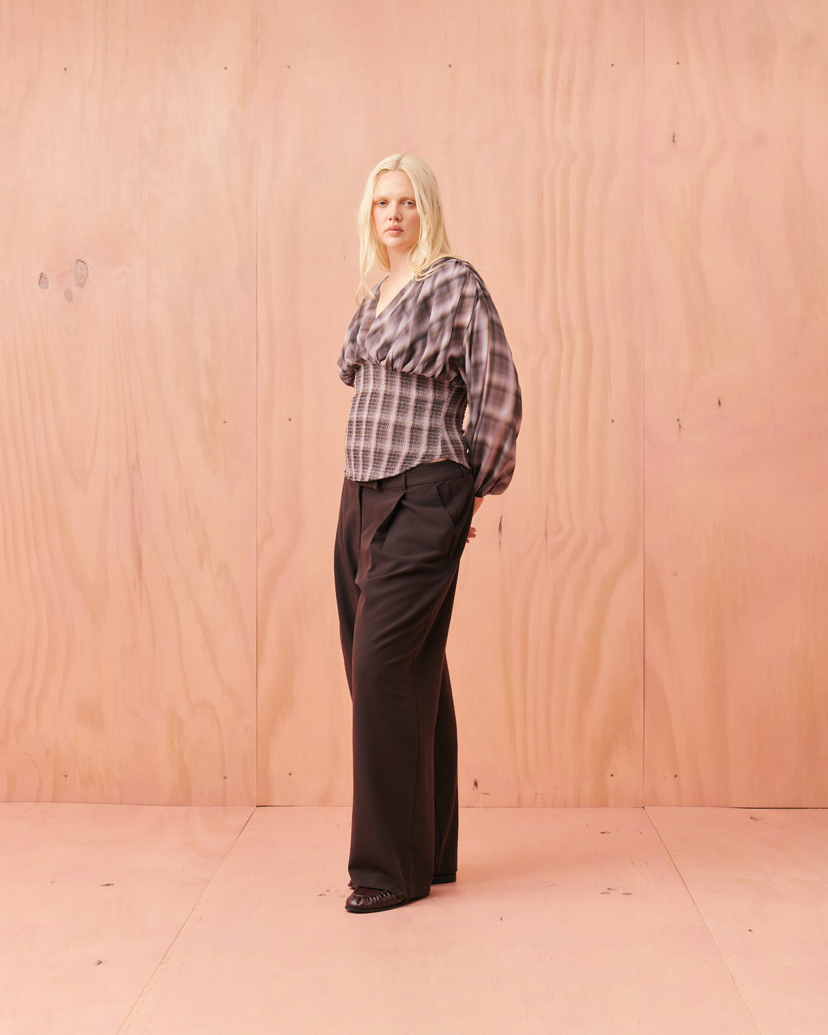 Rue Riley RILEY LONG SLEEVE BLOUSE HAZE TARTAN | RUBY