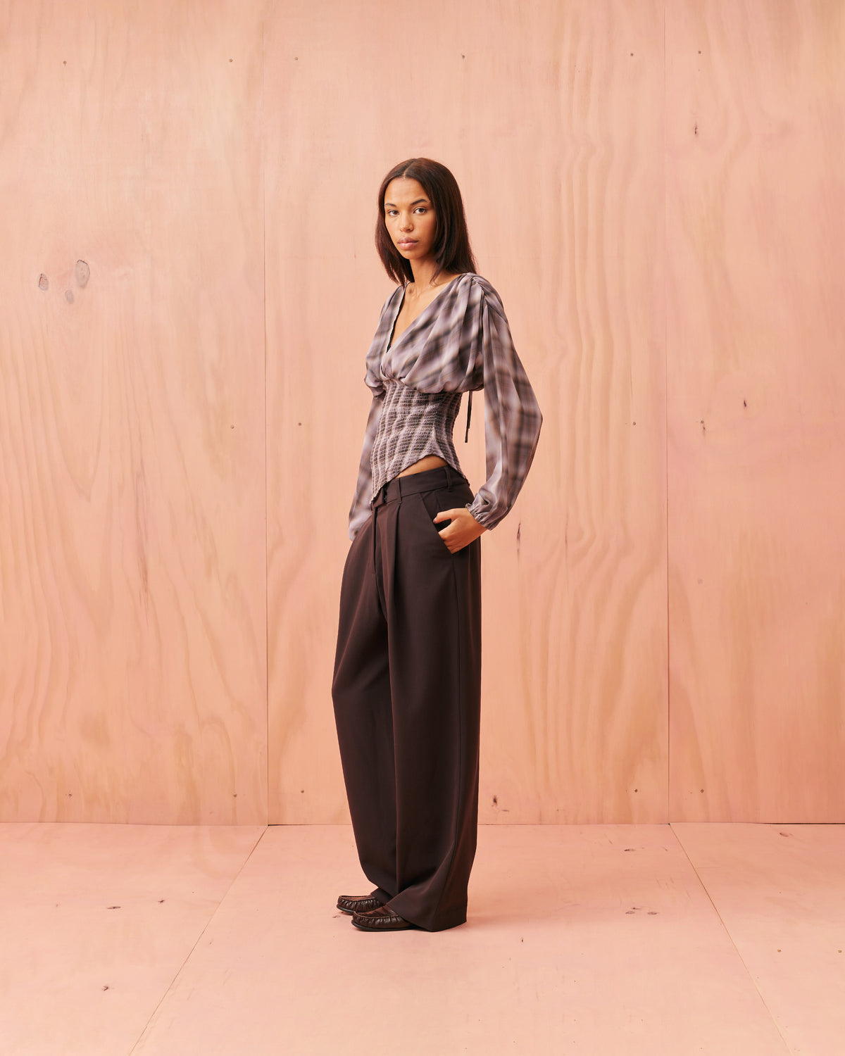 Rue Riley RILEY LONG SLEEVE BLOUSE HAZE TARTAN | RUBY