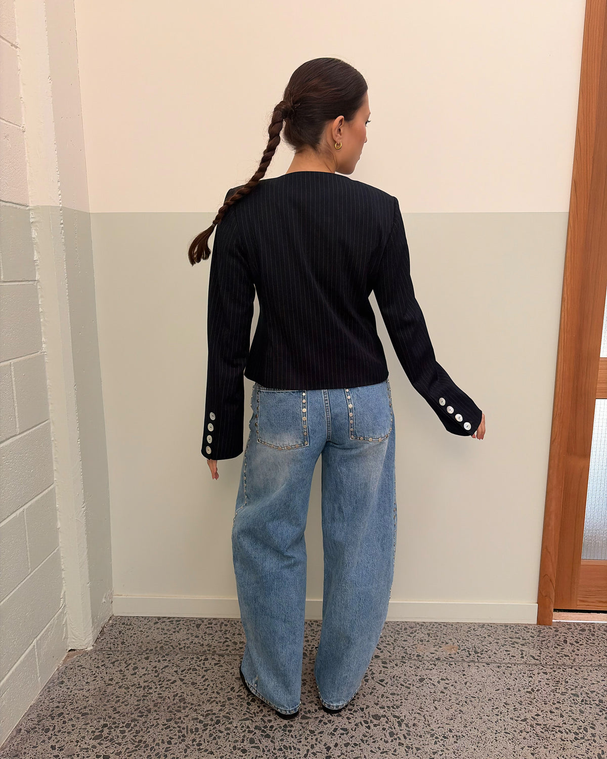 ICON STUDDED JEAN MIDTOWN BLUE | Barrel-leg jean designed in our signature midtown blue wash denim with studded seams. Sits mid to high-waisted with classic 5 pocket and waistband detailing. An updated version of our Icon Jean.