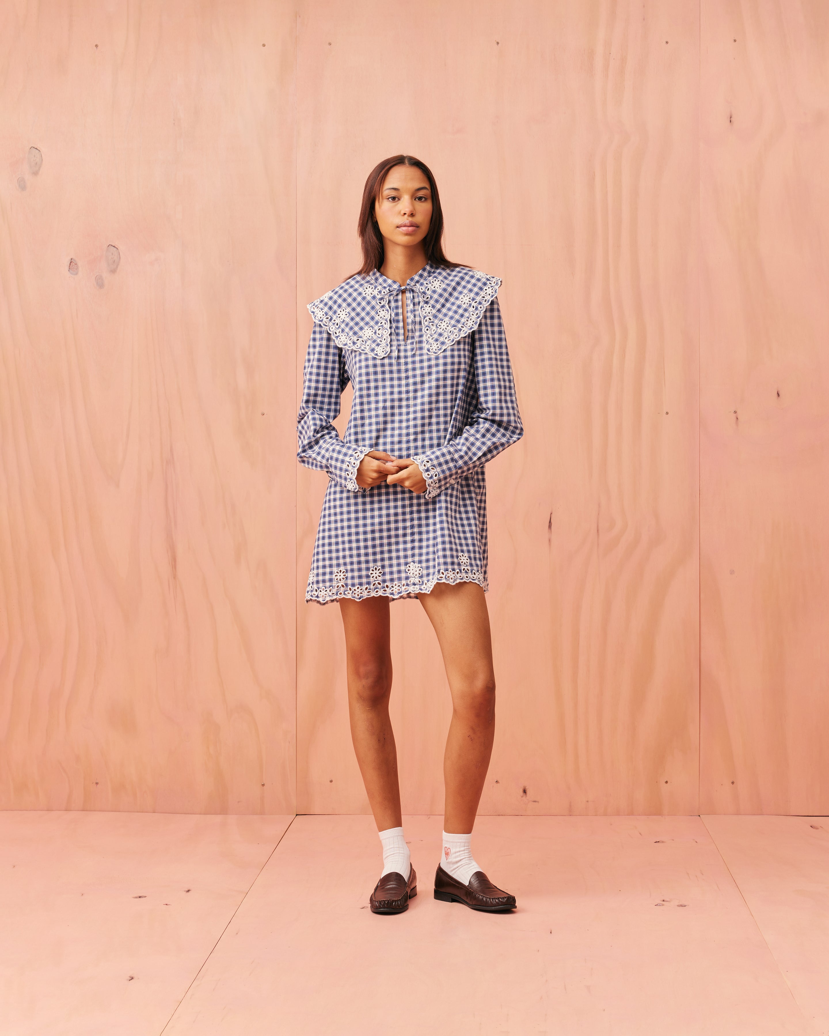GRETA BRODERIE MINI DRESS NAVY ORANGE TARTAN | RUBY