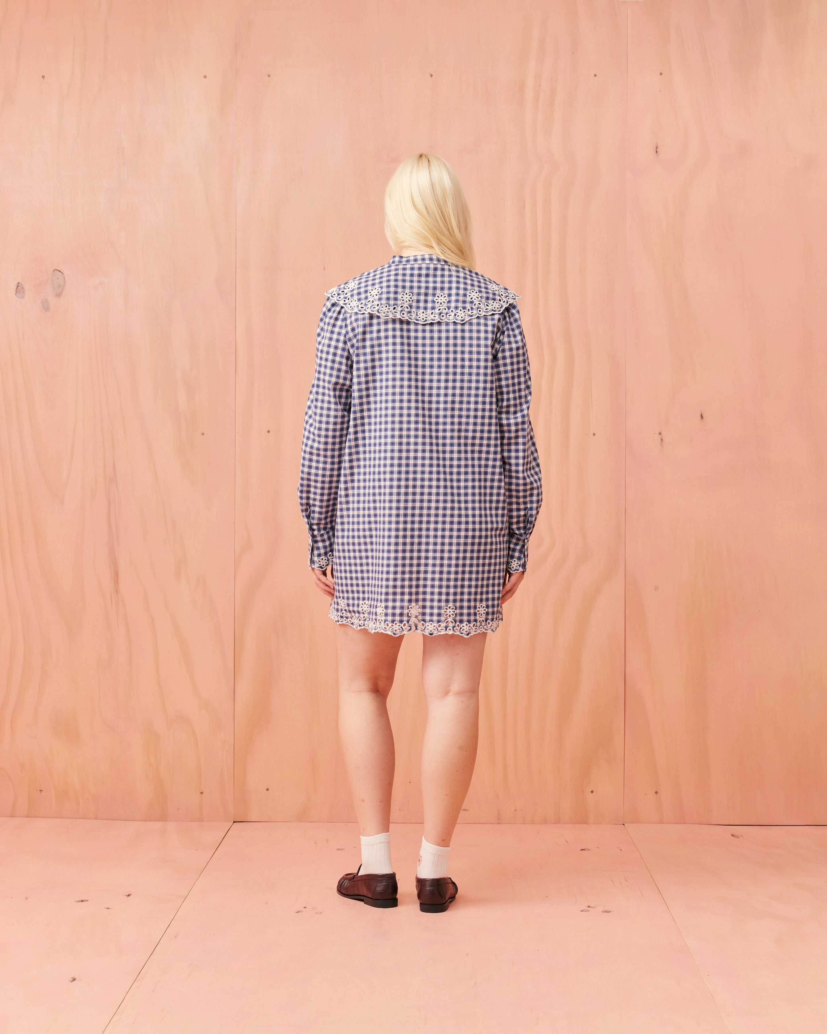 GRETA BRODERIE MINI DRESS NAVY ORANGE TARTAN | RUBY