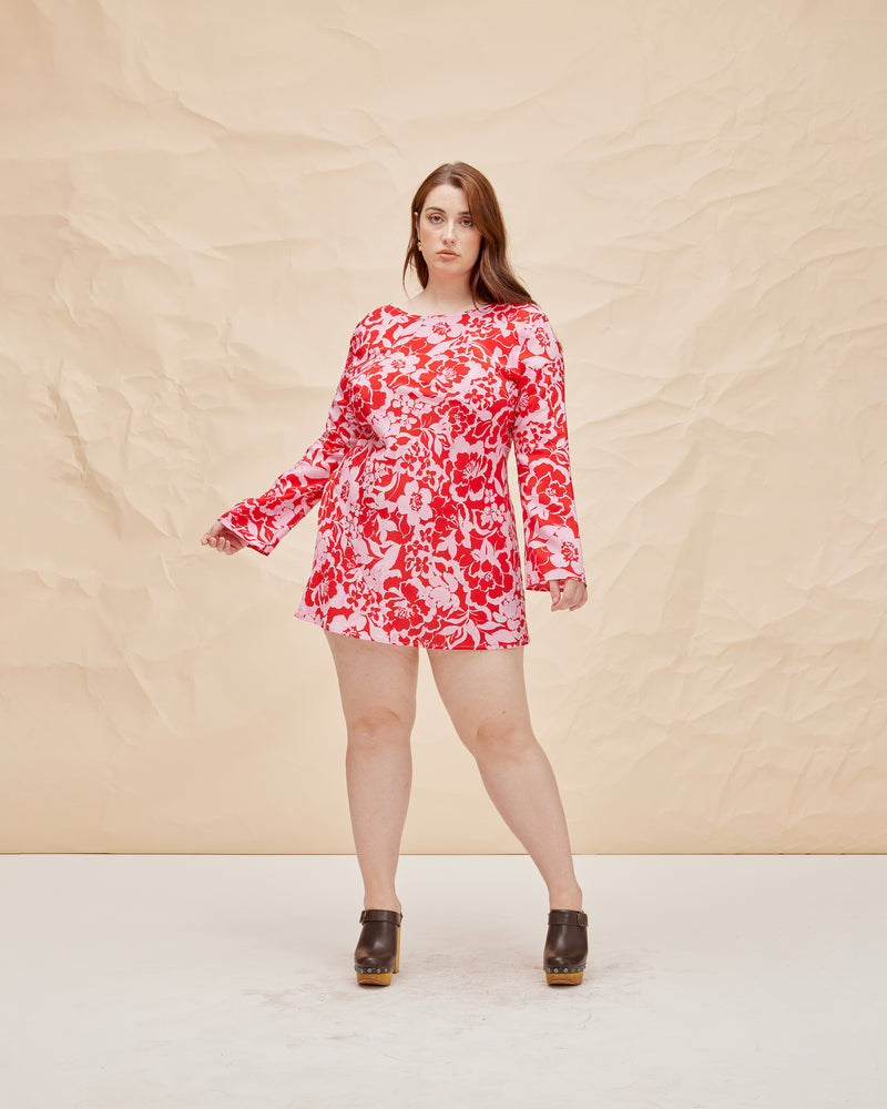 BOBBI SILK MINIDRESS CHERRY FLORAL | Bias cut long sleeve mini dress designed our silk cherry floral. Features a cut out back that ties at the neck that falls to a slight A-line shape.
