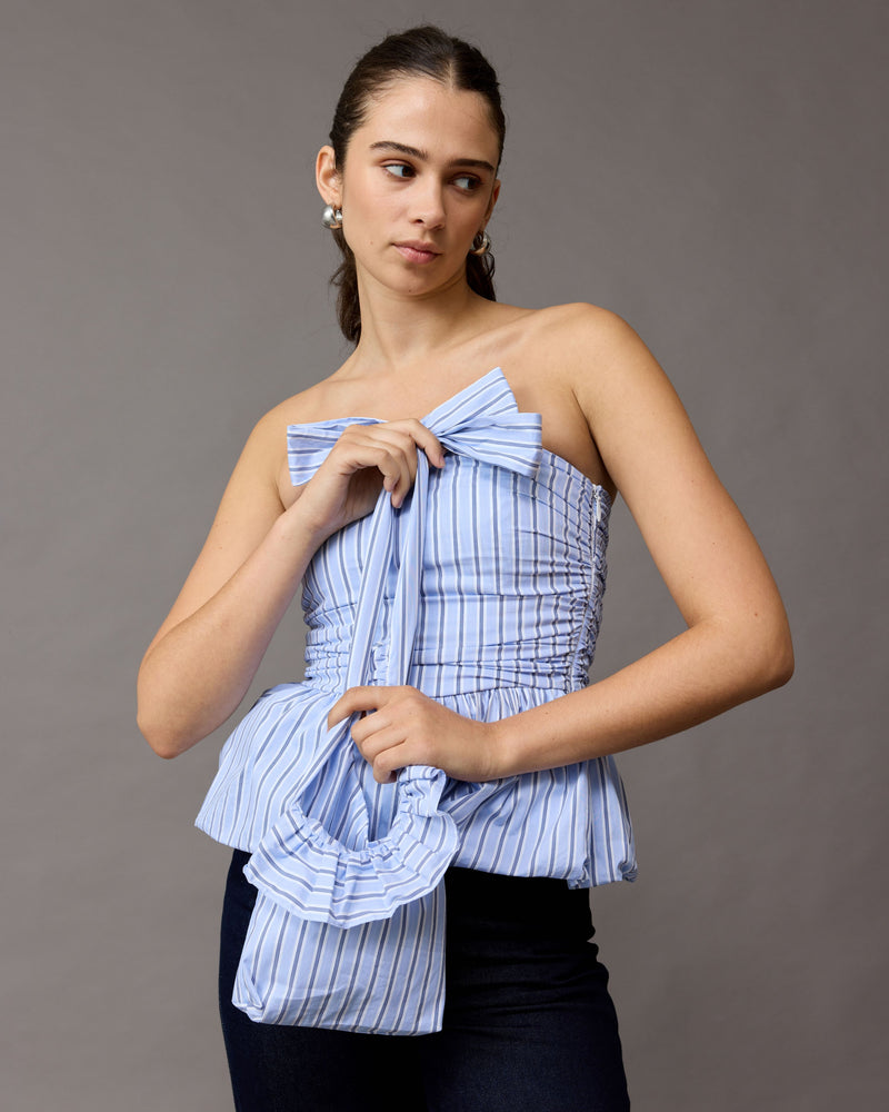 EDDIE BODICE BLUE SKY STRIPE | Strapless bodice designed in a blue, white and grey striped cotton. Features an a-line 'puff' hem, and ruching through the body that contrasts with the striped print.