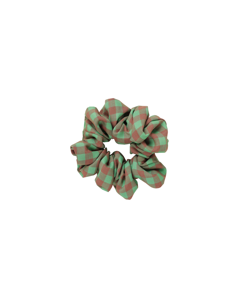 SABRINA SCRUNCHIE GREEN AND BROWN GINGHAM | Small scrunchie made from the offcuts of our Sequence 2024 collection.