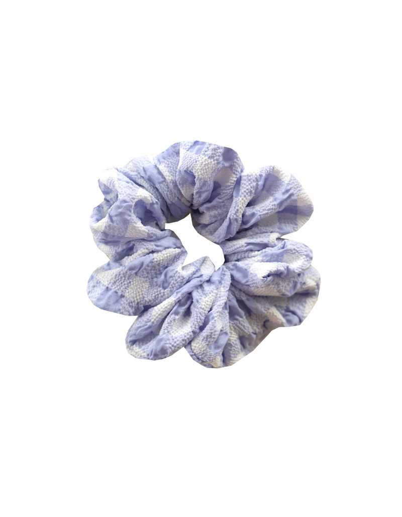 SABRINA SCRUNCHIE PERIWINKLE GINGHAM | Small scrunchie made from the offcuts of our Spaces 2023 collection.