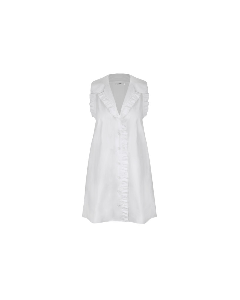 SANDLER MINI DRESS WHITE | Button down cotton mini dress with feature ruffles at the collar, arm holes down the placket. Feature side pockets and an A-line silhouette.