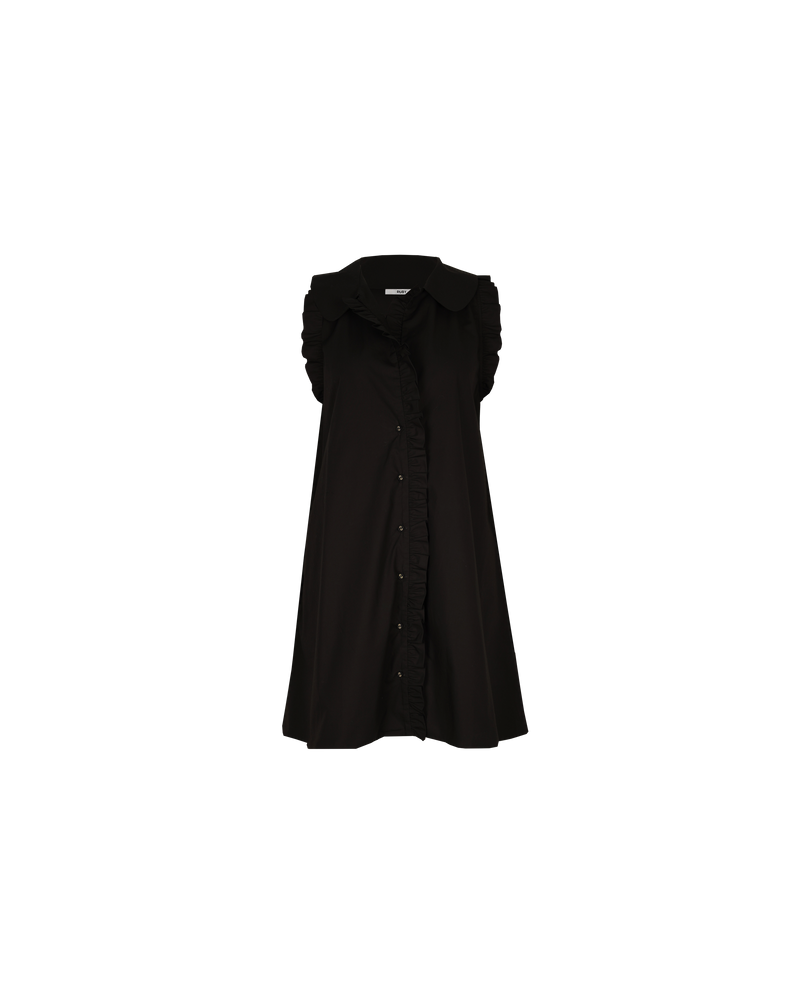 SANDLER MINIDRESS BLACK | Button down cotton mini dress with a feature ruffled collar and ruffles down the placket. Feature side pockets and an A-line silhouette.