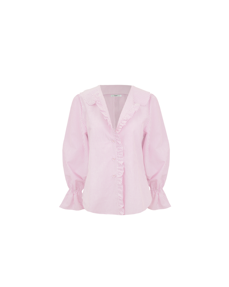 SANDLER RUFFLE SHIRT PINK STRIPE | Long sleeve pink striped shirt with ruffles down the placket and a rounded collar. This top features elasticated ruffle cuffs, this piece is an elevated take on the classic shirt...