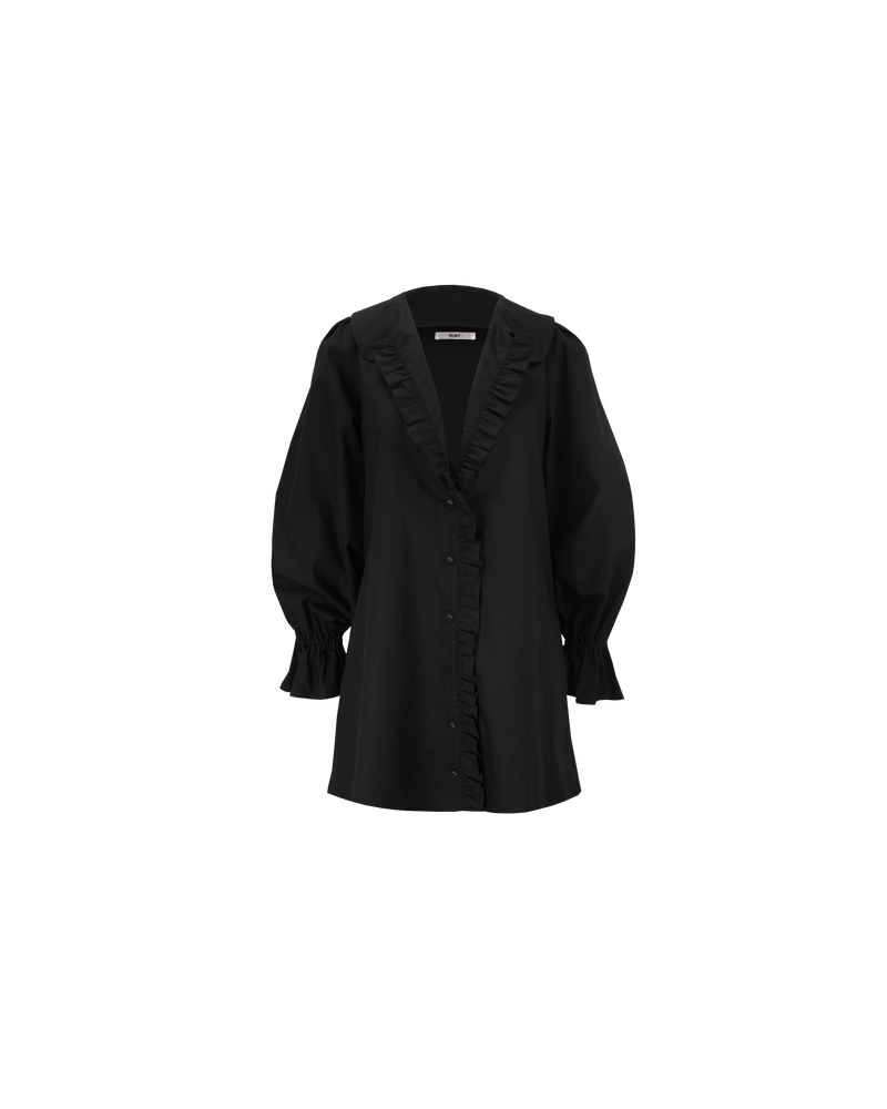 SANDLER LONG SLEEVE MINI DRESS BLACK | Button down long sleeve shirt dress with a feature ruffled collar and ruffles down the placket. Feature side pockets and an A-line silhouette.