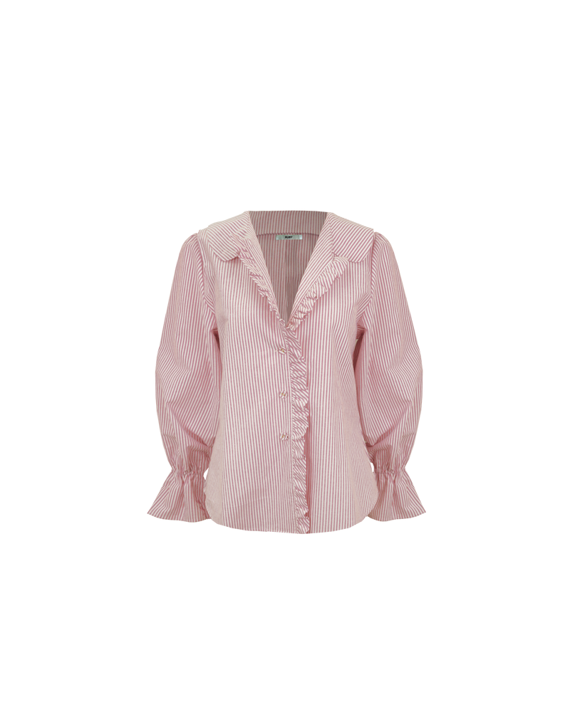 SANDLER RUFFLE SHIRT PINK STRIPE | Longsleeve pink striped shirt with ruffles down the placket and a rounded collar. This top features elasticated ruffle cuffs, this piece is an elevated take on the classic shirt shape.