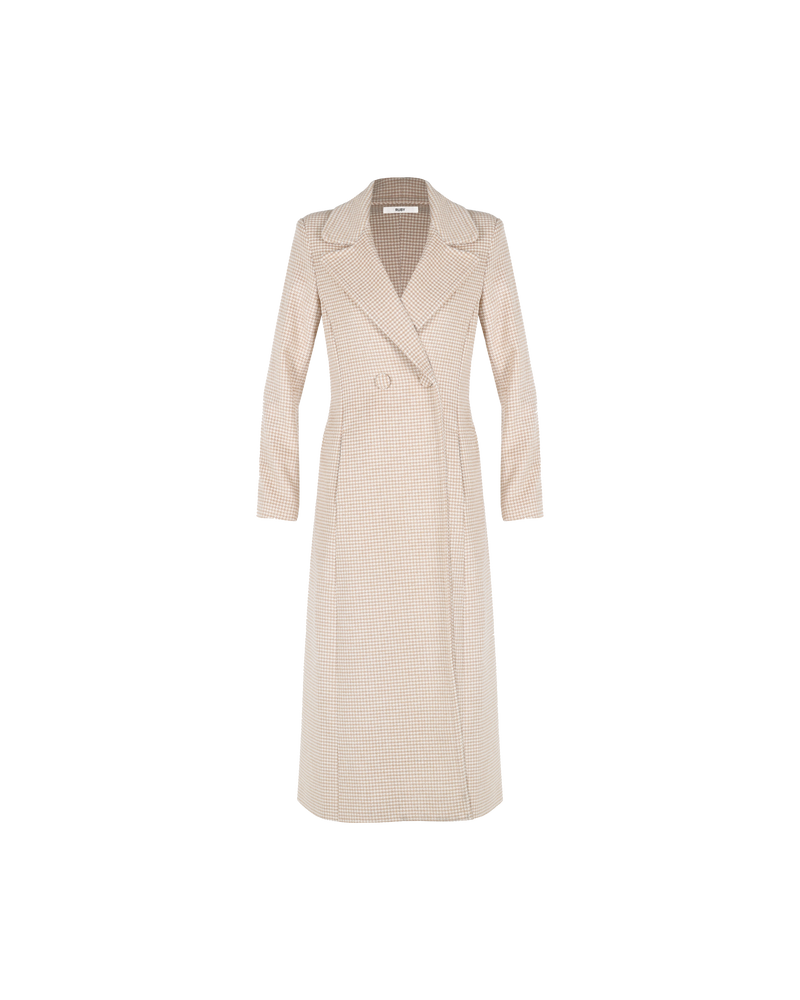 SCARLETT COAT CAMEL | Longline coat with a classic double breasted silhouette camel houndstooth. Tailored in a weighty wool blend that adds structure to the piece, the pastel hues of this coat will be...