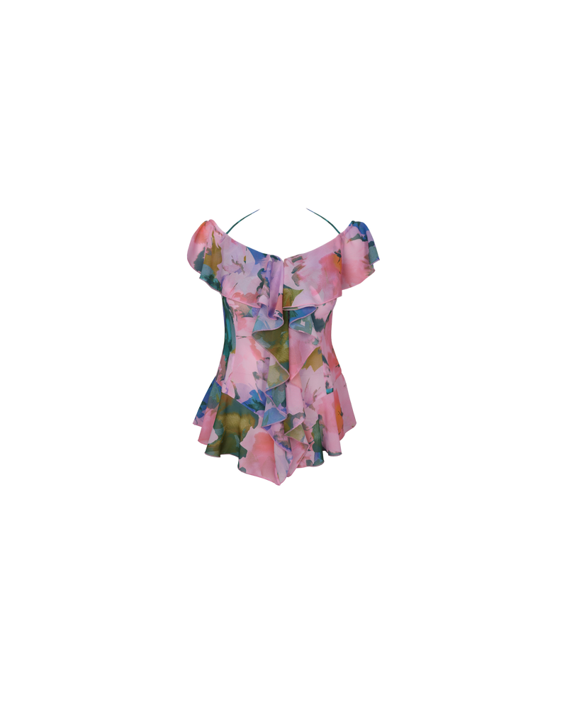 SENSE RUFFLE TOP DREAM FLORAL | Off shoulder chiffon blouse with a halter tie strap and self covered buttons down the centre in our dream floral print. The ruffle detailing along with the print gives this blouse...